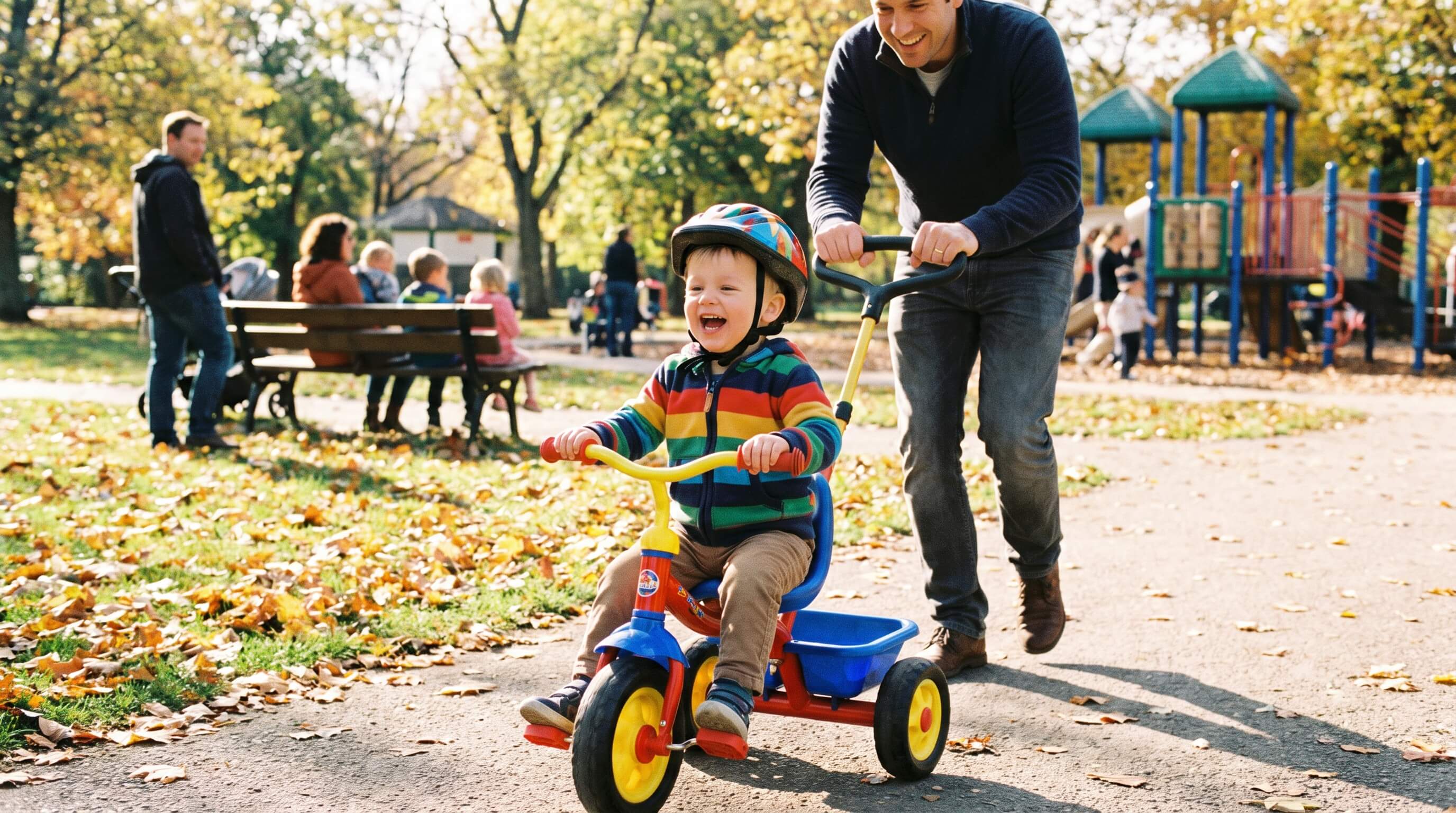 Copil mic pe tricicletă colorată cu maner parental în parc